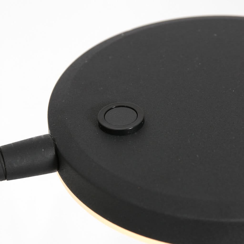 Détail du disque noir avec bouton circulaire et cordon latéral.
