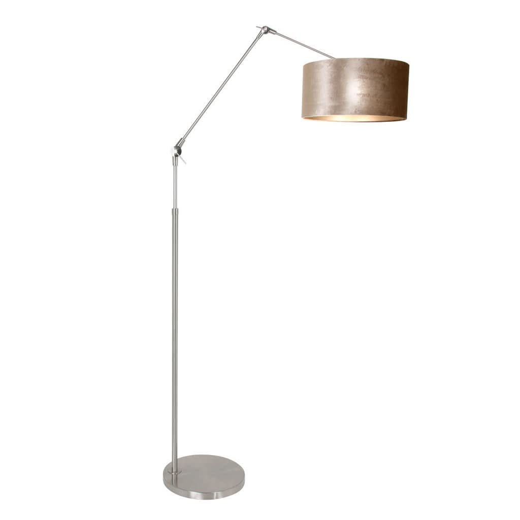 Vue d'ensemble du lampadaire métallique avec abat-jour cylindrique et bras réglable, fond blanc.