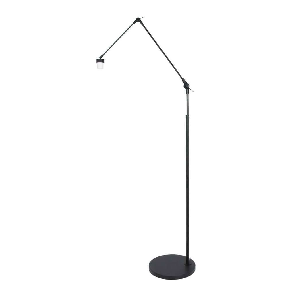 Lampe sur pied noire vue de profil avec bras orientables vers la gauche