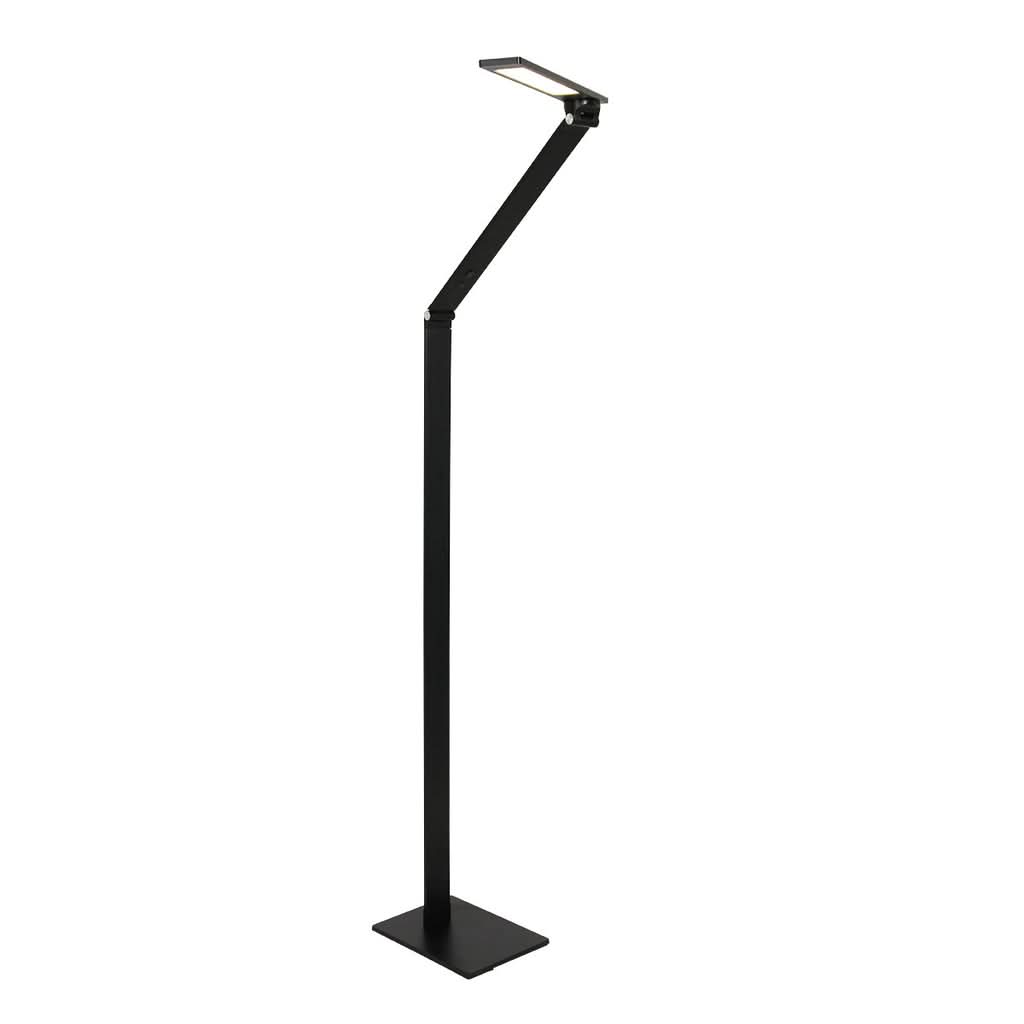 Vue de trois quarts du luminaire noir sur fond blanc, tige verticale et bras réglable