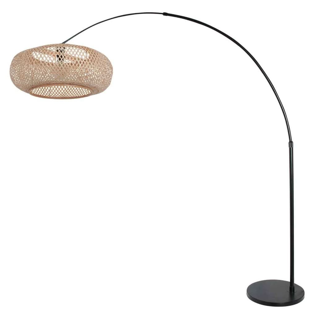 Même lampadaire arquée bambou et métal noir, orienté en sens inverse avec abat-jour à gauche