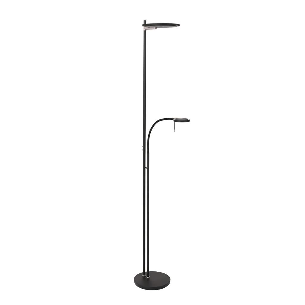 Vue entière du luminaire sur pied, tige verticale et bras recourbé équipé d'un diffuseur.