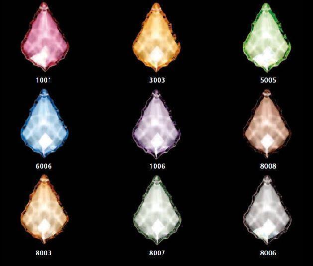 Nuancier de neuf gouttes de cristal colorées, présentées sur fond noir avec leur numéro.