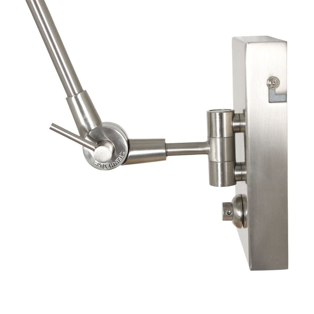 Vue rapprochée de la platine murale avec bouton variateur et bras orientable.