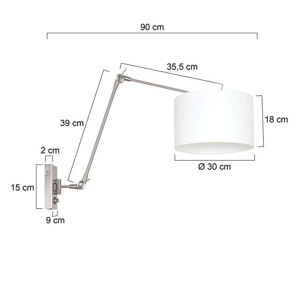 Schéma coté du luminaire avec dimensions en centimètres du bras, de la platine et de l'abat-jour.