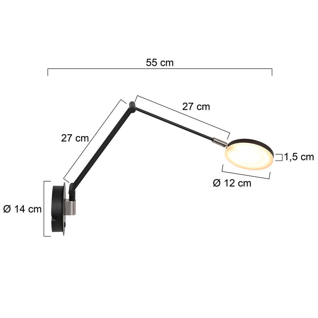 Schéma coté du luminaire mural : largeur 55 cm, bras 27 cm, tête Ø 12 cm.