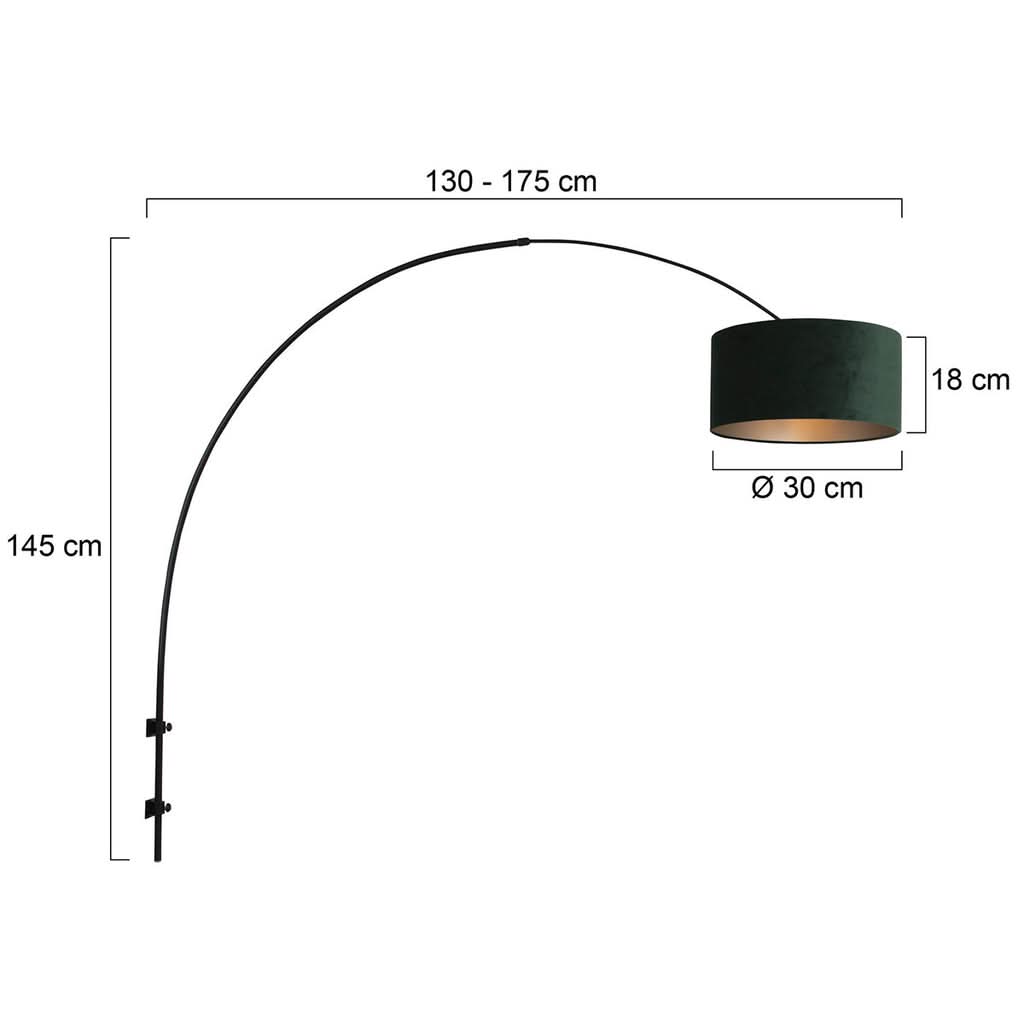 Dimensions de la grande applique murale arc : portée réglable 130-175 cm, hauteur 145 cm, abat-jour Ø 30 cm