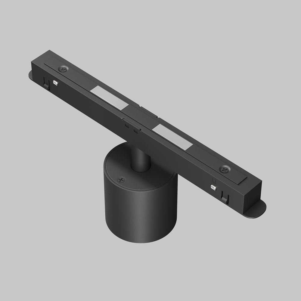 Vue technique du rail et de l'embase cylindrique noire du spot.
