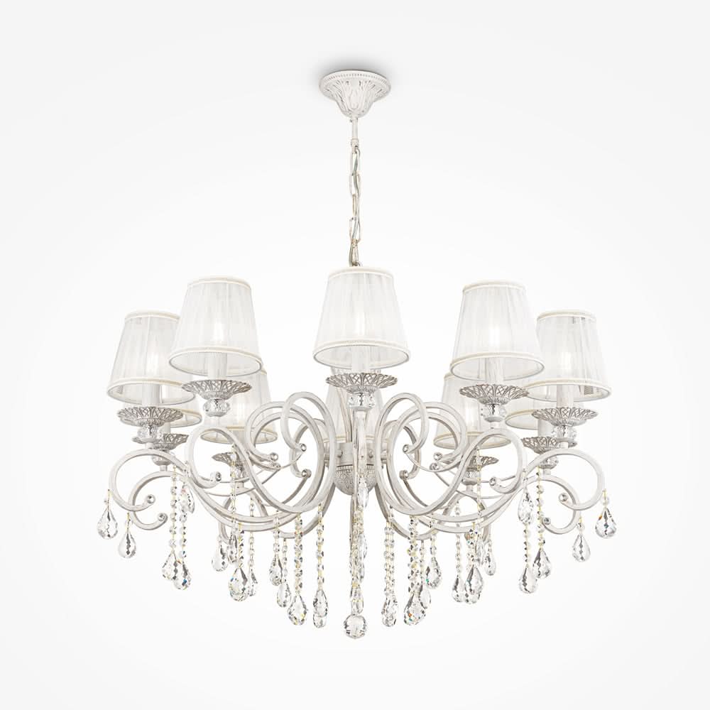 Vue de face du luminaire blanc, abat-jours textiles et pendentifs cristal