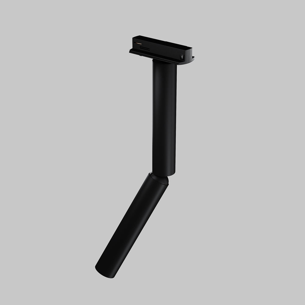 Vue isolée du spot cylindrique noir avec adaptateur pour rail, orientable.