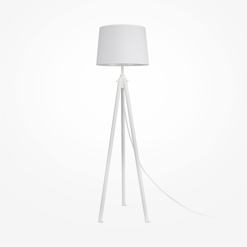 Version blanche du lampadaire trépied, vue de face sur fond neutre