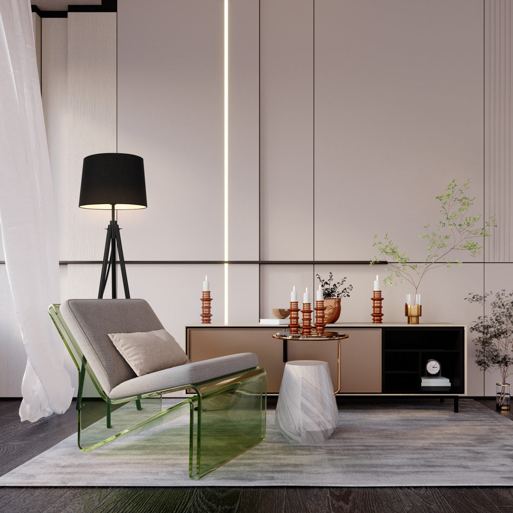 Mise en ambiance dans un salon moderne, fauteuil vert et meuble bas