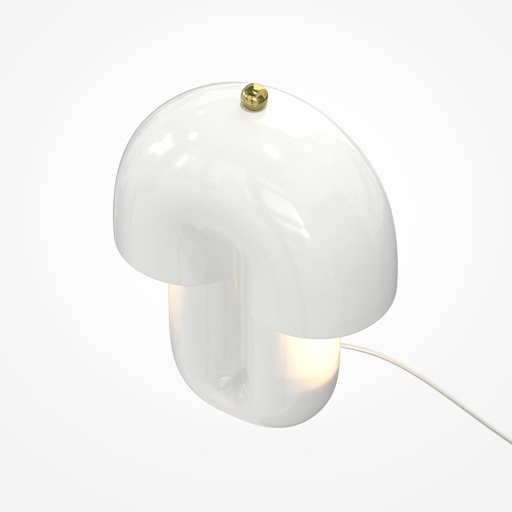 Vue trois quarts du luminaire blanc avec bouton doré et câble d'alimentation