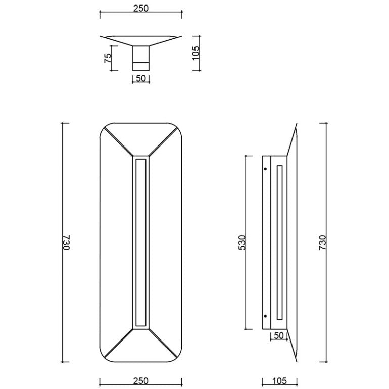 Schéma technique coté : hauteur 730 mm, largeur 250 mm, profondeur 105 mm