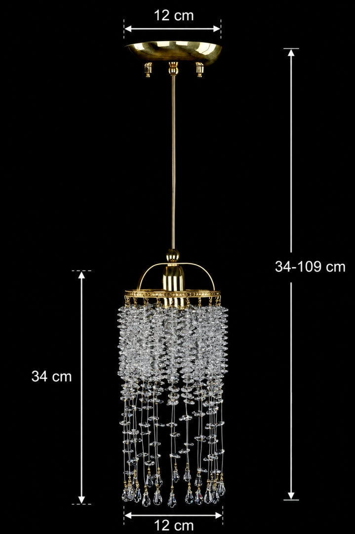 Schéma coté de la suspension : diamètre 12 cm, hauteur réglable 34 à 109 cm.