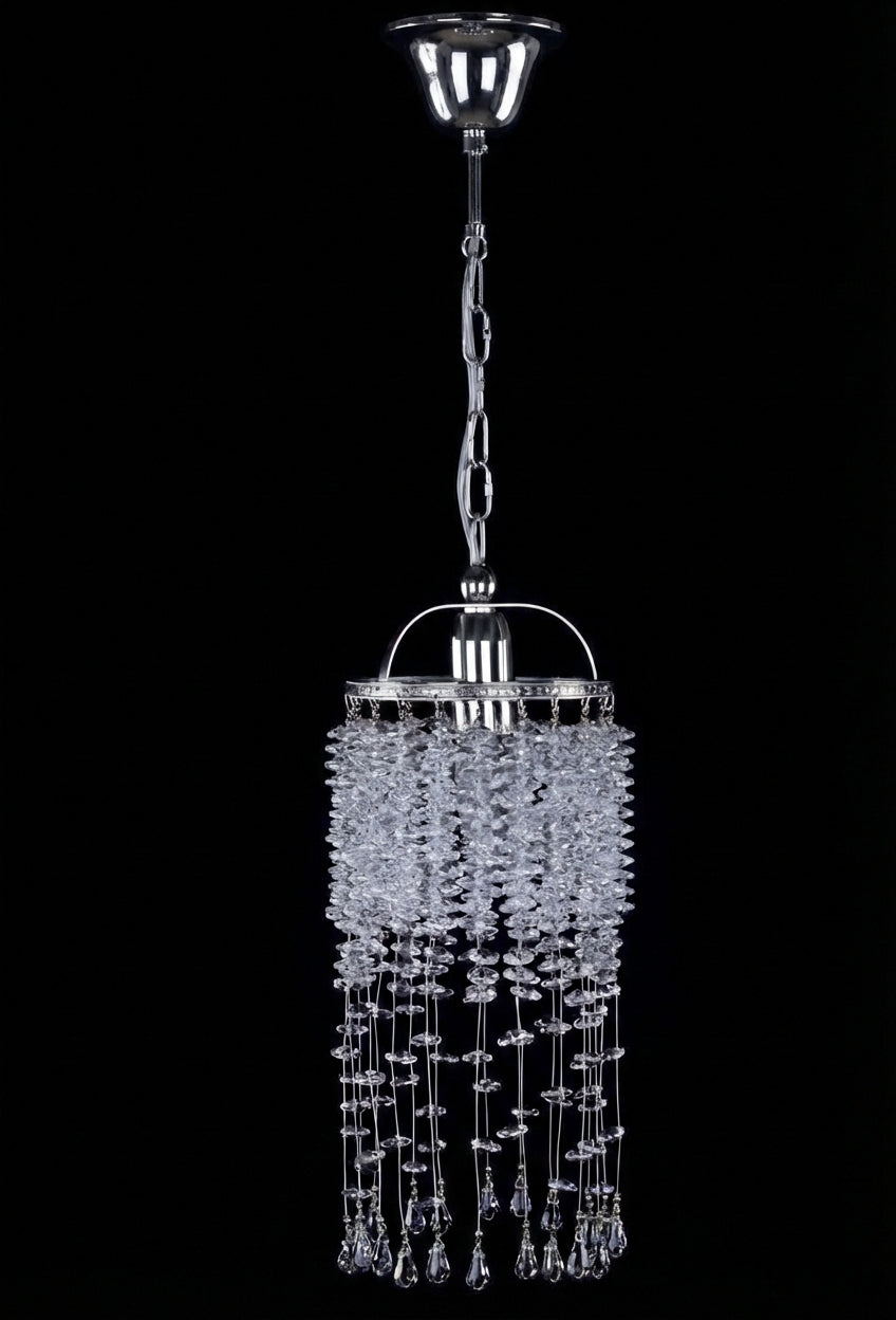 Version chromée de la suspension, cristaux transparents et chaîne de fixation.