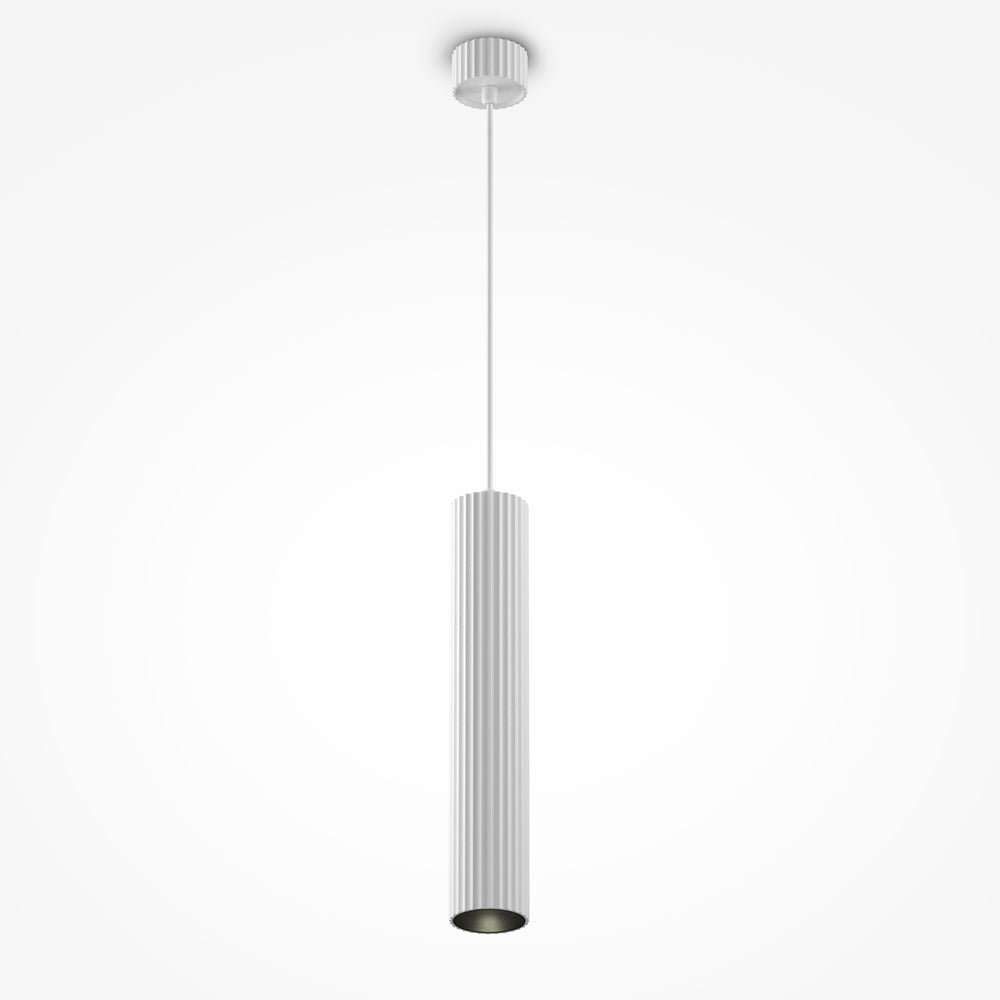 Version blanche de la suspension cylindrique cannelée, vue de face sur fond clair
