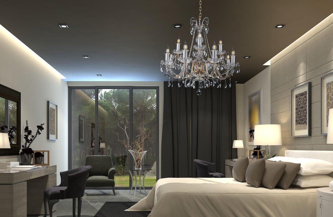 Lustre suspendu au-dessus d'un lit dans une chambre contemporaine