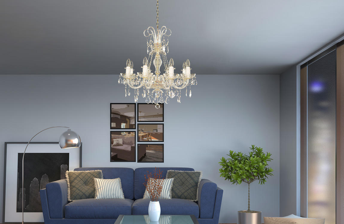 Mise en ambiance : lustre suspendu au plafond d'un salon bleu avec canapé et table basse.