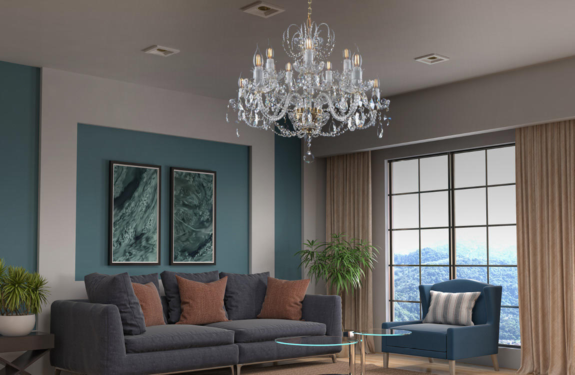 Mise en ambiance du lustre suspendu au plafond dans un salon bleu et gris.