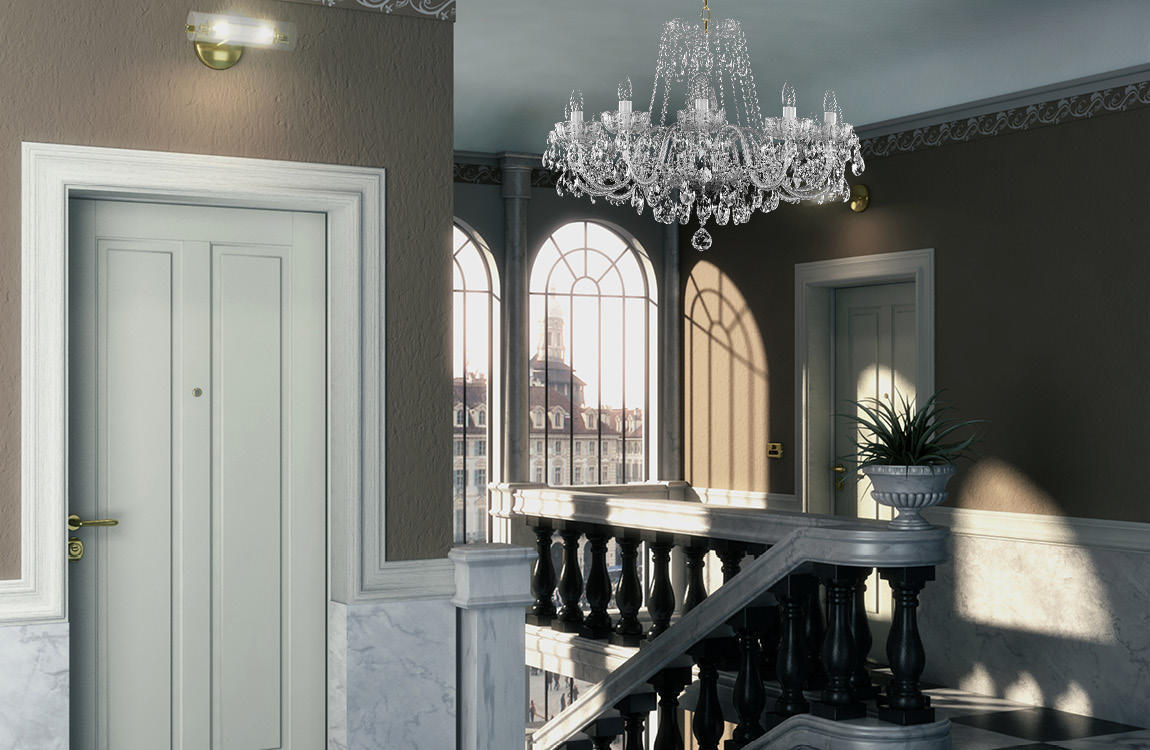 Mise en ambiance du lustre suspendu dans un hall d'escalier lumineux