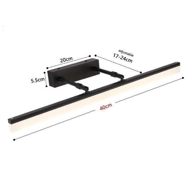 Schéma coté de l'applique noire avec dimensions du support et de la barre lumineuse.