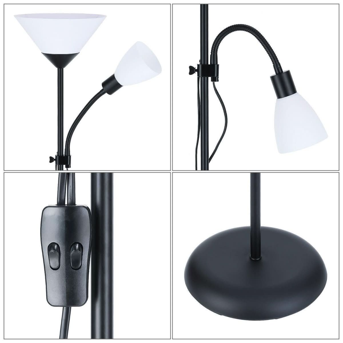 Détail en quatre vignettes : rotule orientable, douille, interrupteur double et embase ronde