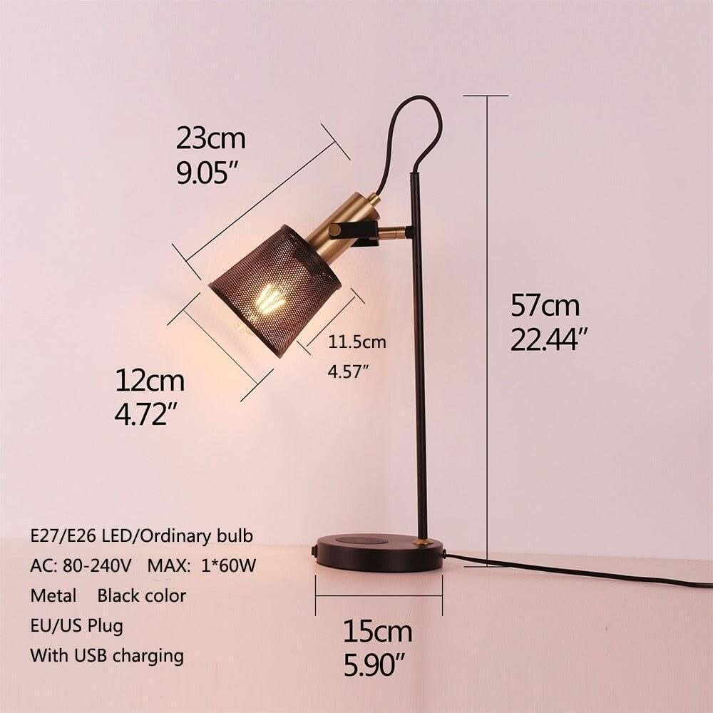 Schéma coté d'une lampe métal : hauteur cinqante-sept centimètres, base quinze centimètres