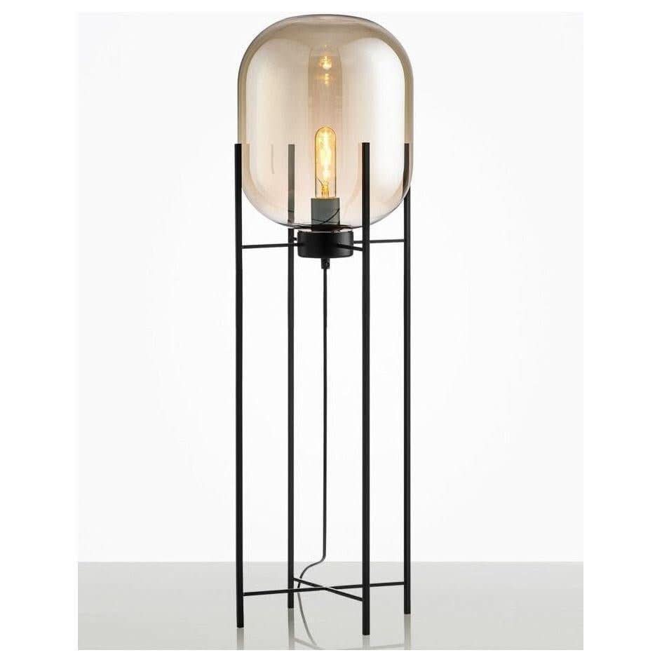Grande lampe sur pied, vue entière, pied métal noir et verre fumé.
