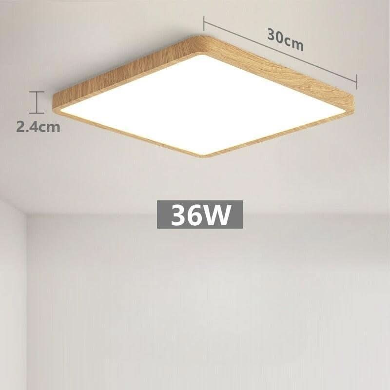 Vue du plafonnier finition bois : 30 cm de côté, 36W, épaisseur 2,4 cm