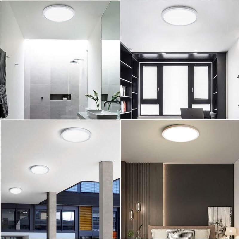 Quatre ambiances : salle de bain, bureau, façade vitrée et chambre avec plafonnier
